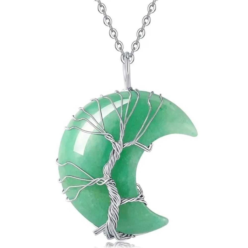 Silver and Natural Aventurine Crescent Moon Tree of Life Pendant Necklace